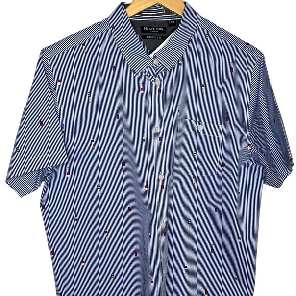 Brave Soul Top Mens XL Button Down Shirt Short Sleeve Blue Striped Work Casual - Picture 2 of 12